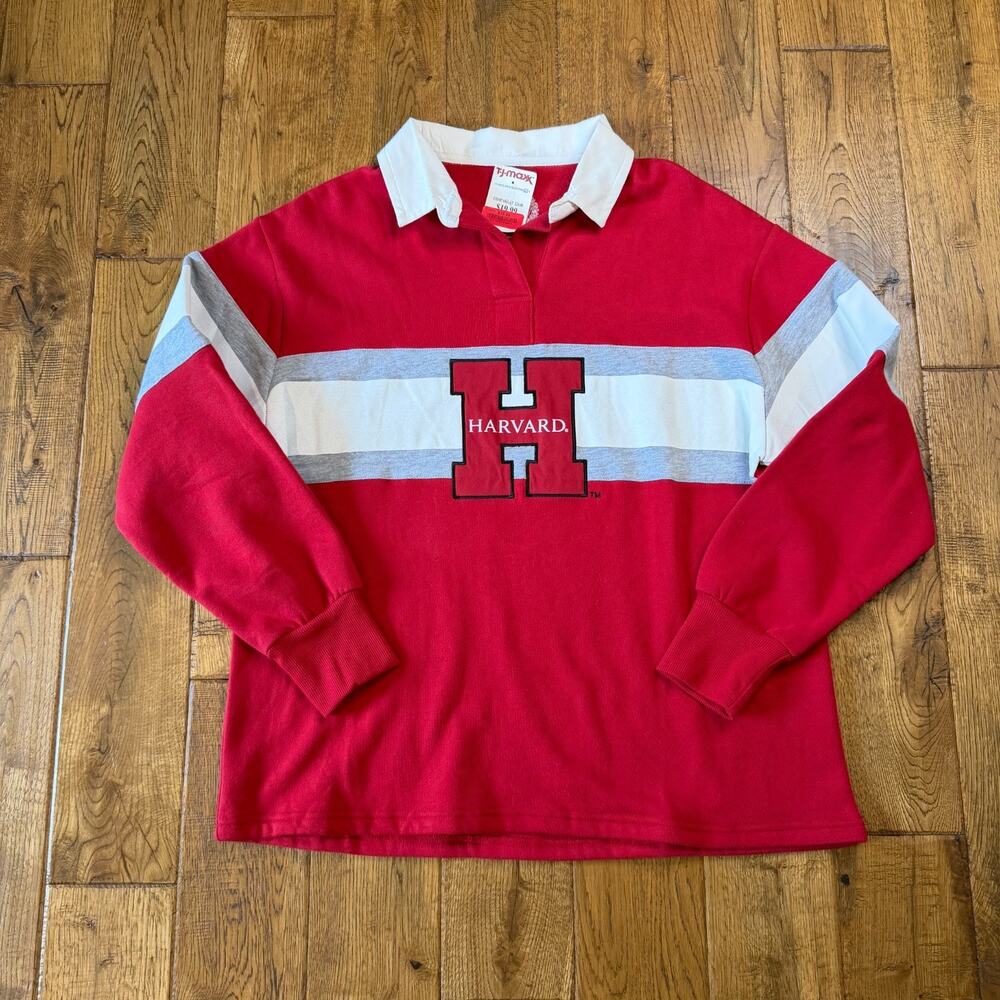 Harvard University Unisex Rugby Collared Polo Shirt Colorblock Crimson Striped M